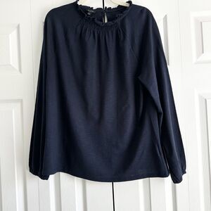 Talbots Navy Blue Long Sleeve Blouse Ruffle Neck Keyhole Back XL Classic Core